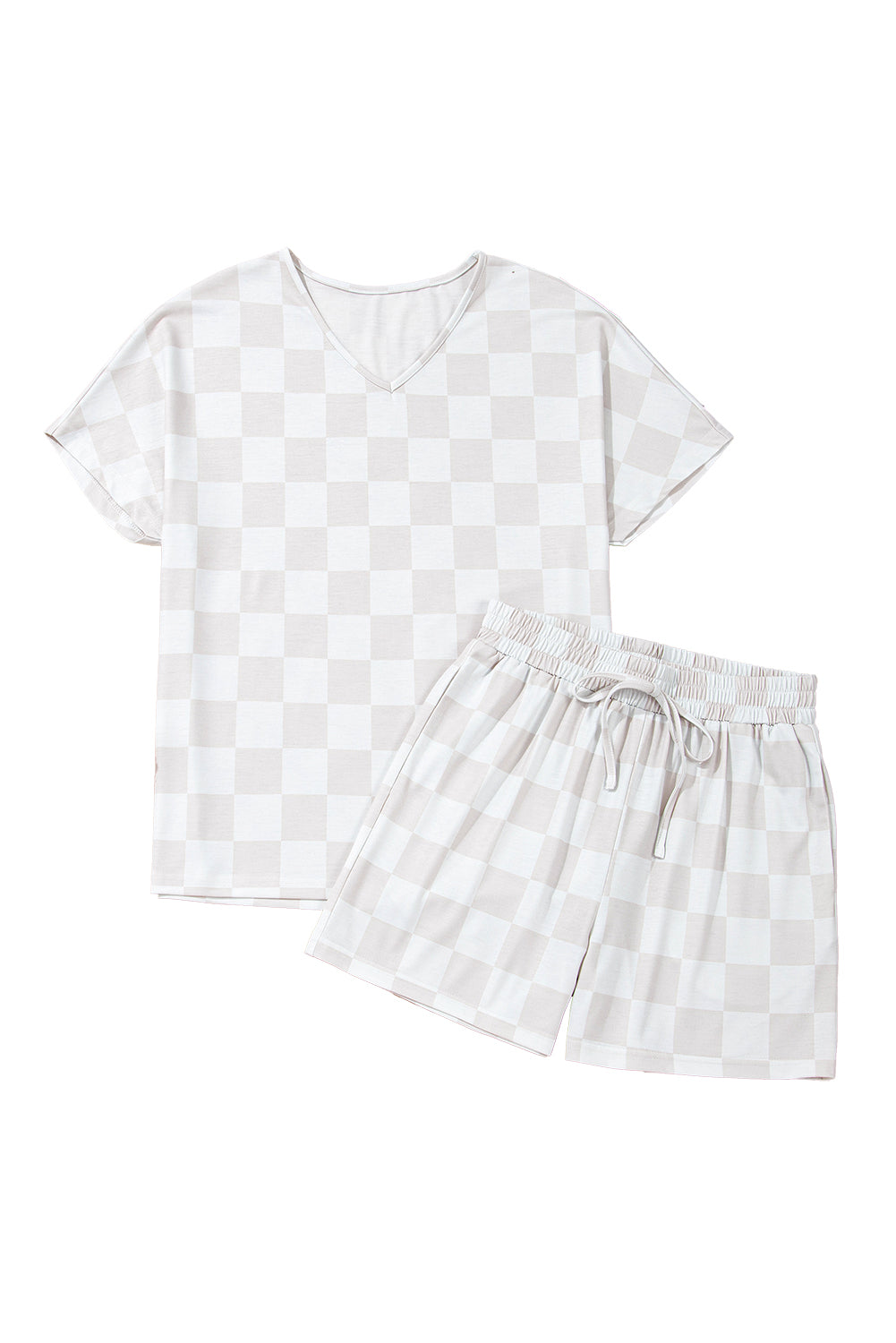 Beige Checkered V Neck Tee and Drawstring Shorts Pajama Set