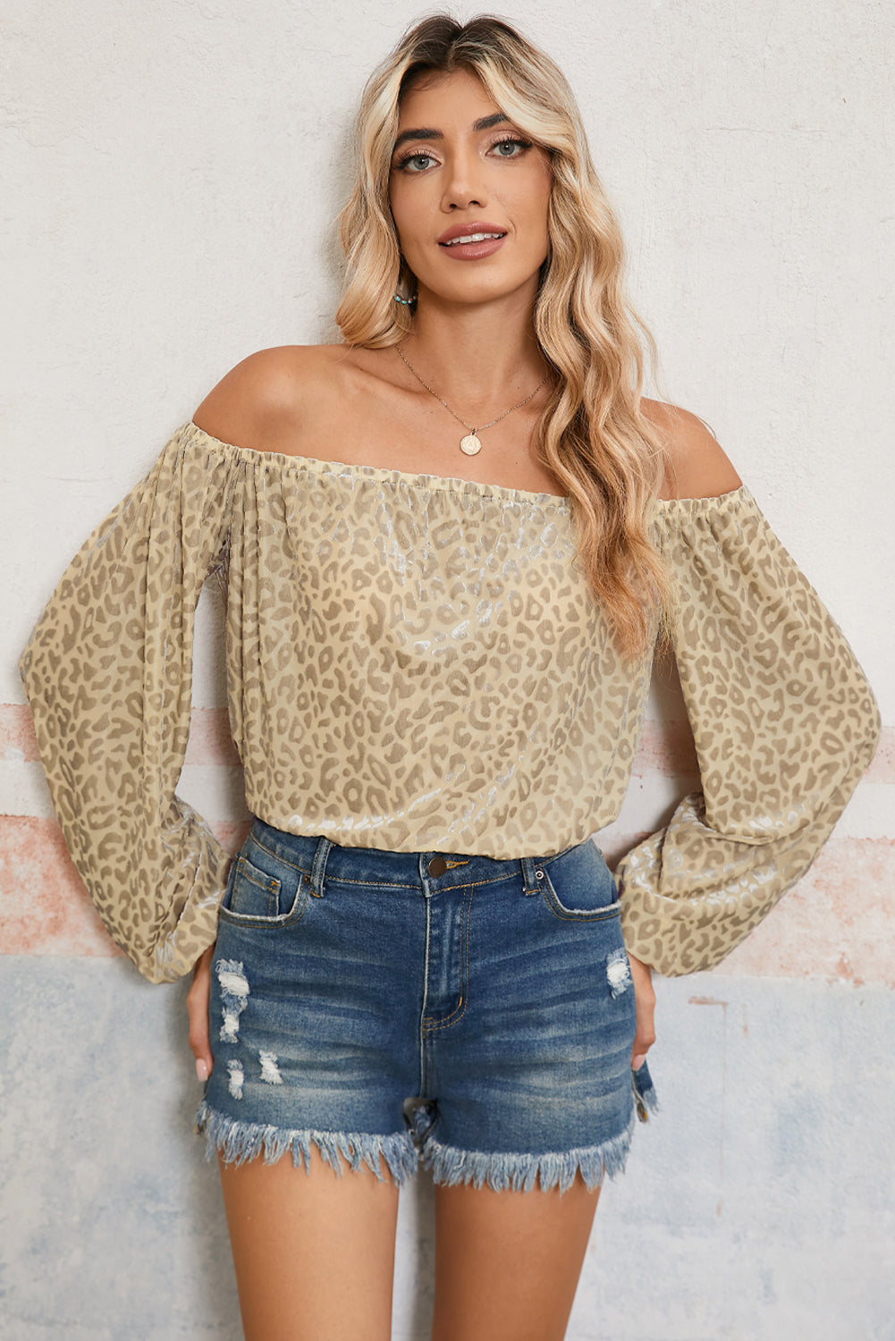 Beige Allover Leopard Print Off Long Sleeve Shoulder Blouse