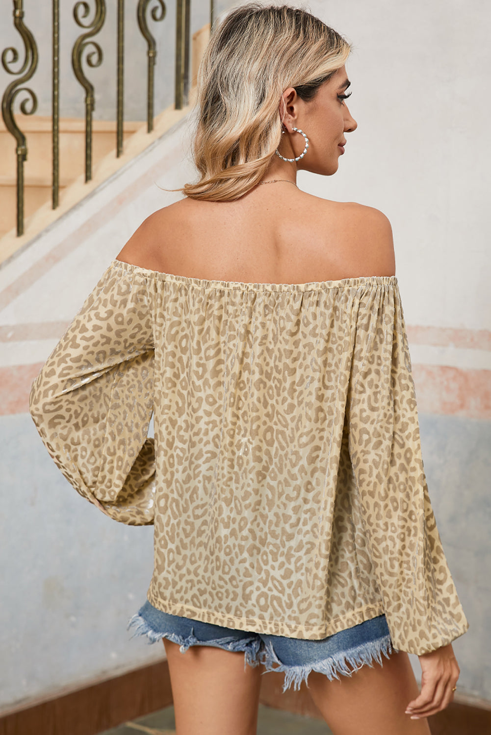 Beige Allover Leopard Print Off Long Sleeve Shoulder Blouse