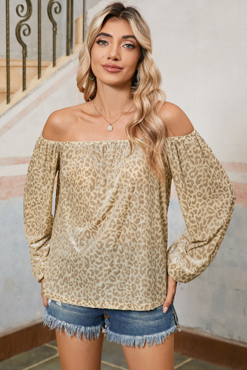 Beige Allover Leopard Print Off Long Sleeve Shoulder Blouse